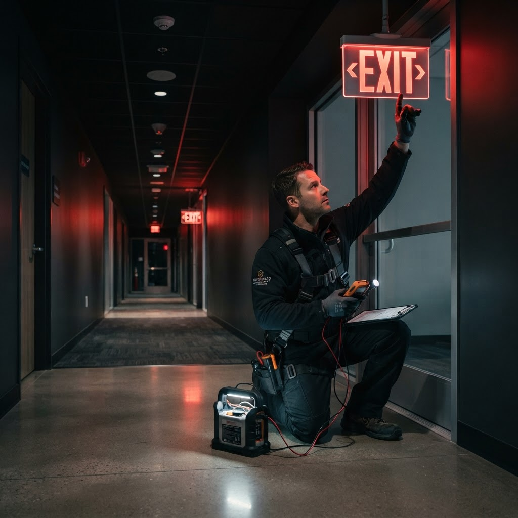 Technicien testant un éclairage d’urgence