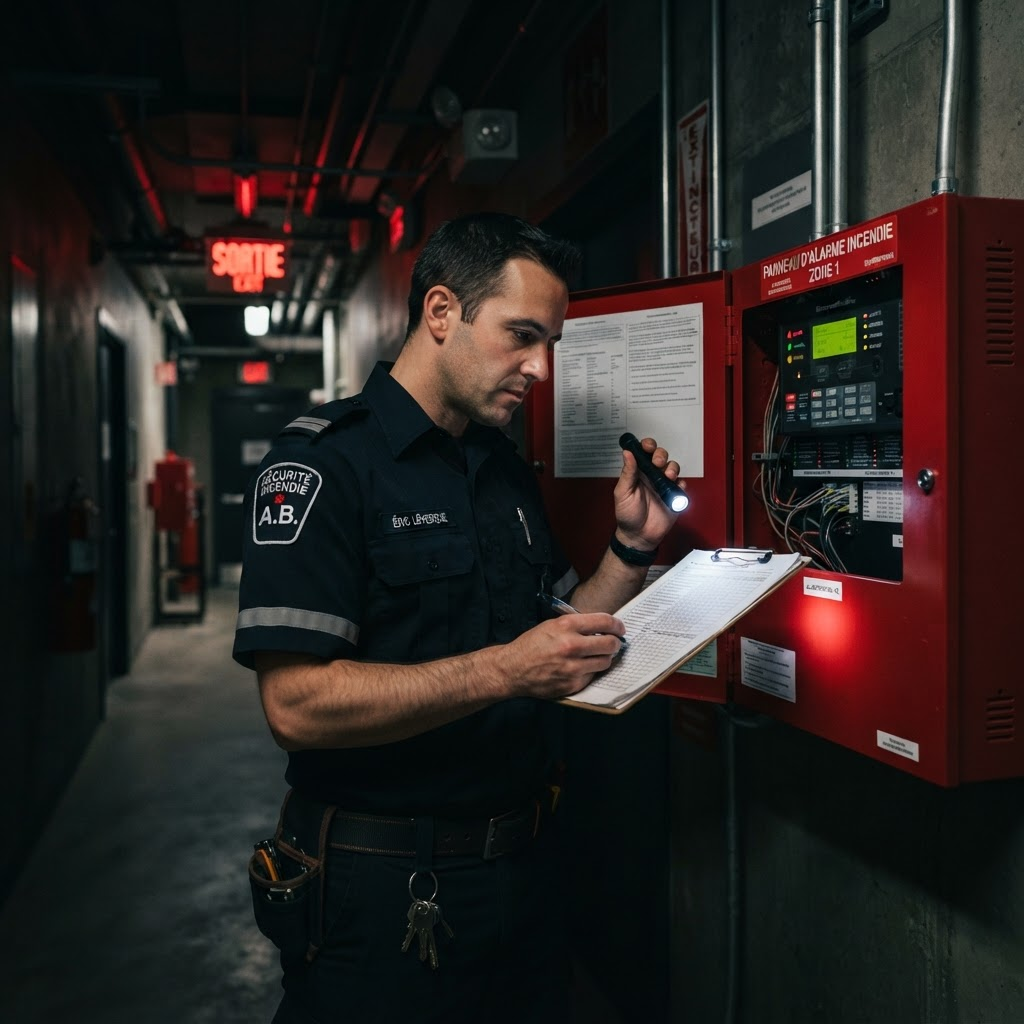 Technicien inspectant un panneau d’alarme incendie